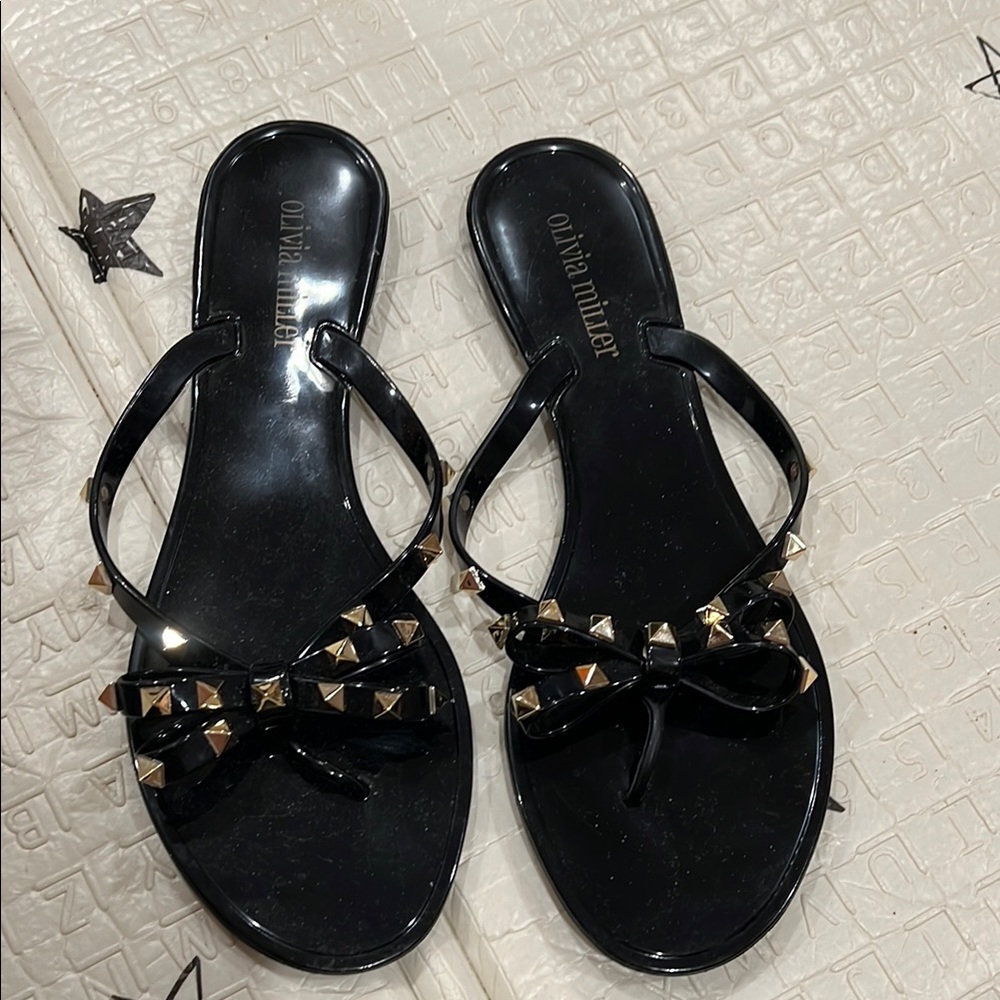 Olivia Miller Black and Gold Studded Sandals